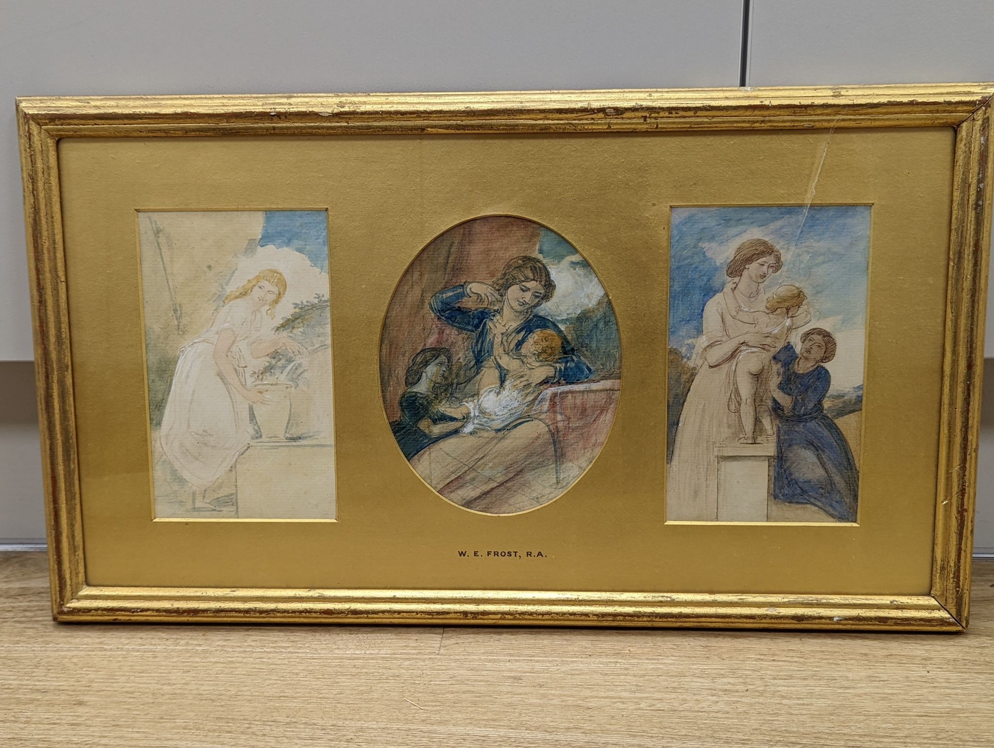 William Edward Frost RA (1810-1877), three watercolours, Studies of mothers with children and a woman at a well, each approx. 17 x 12cm, framed as one